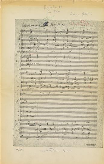 BERNSTEIN, LEONARD. Printed score for Two Meditations from Mass for orchestra, Signed thrice, in ink or pencil, with numerous holograph